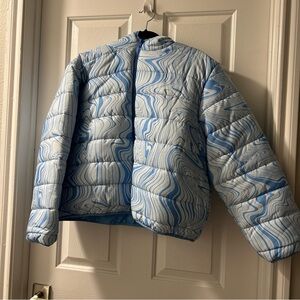 Blue Marble-Print Puffer Jacket